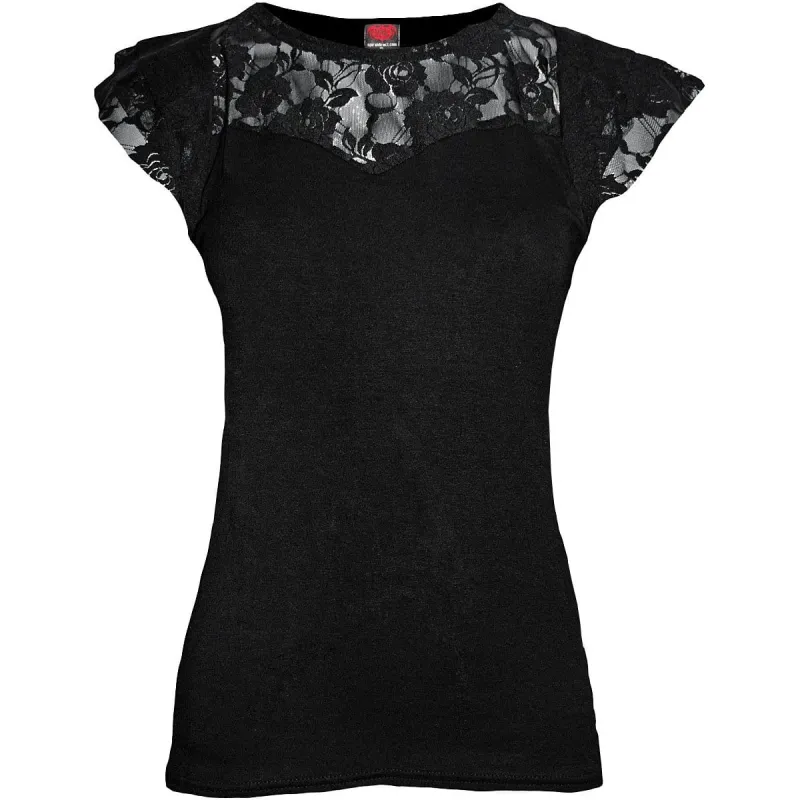 GOTHIC ELEGANCE - Lace Layered Cap Sleeve Top Black sold by Spiral Direct