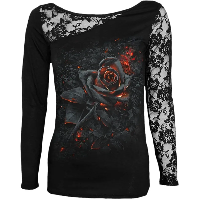 BURNT ROSE - Lace One Shoulder Top Black sold by Spiral Direct