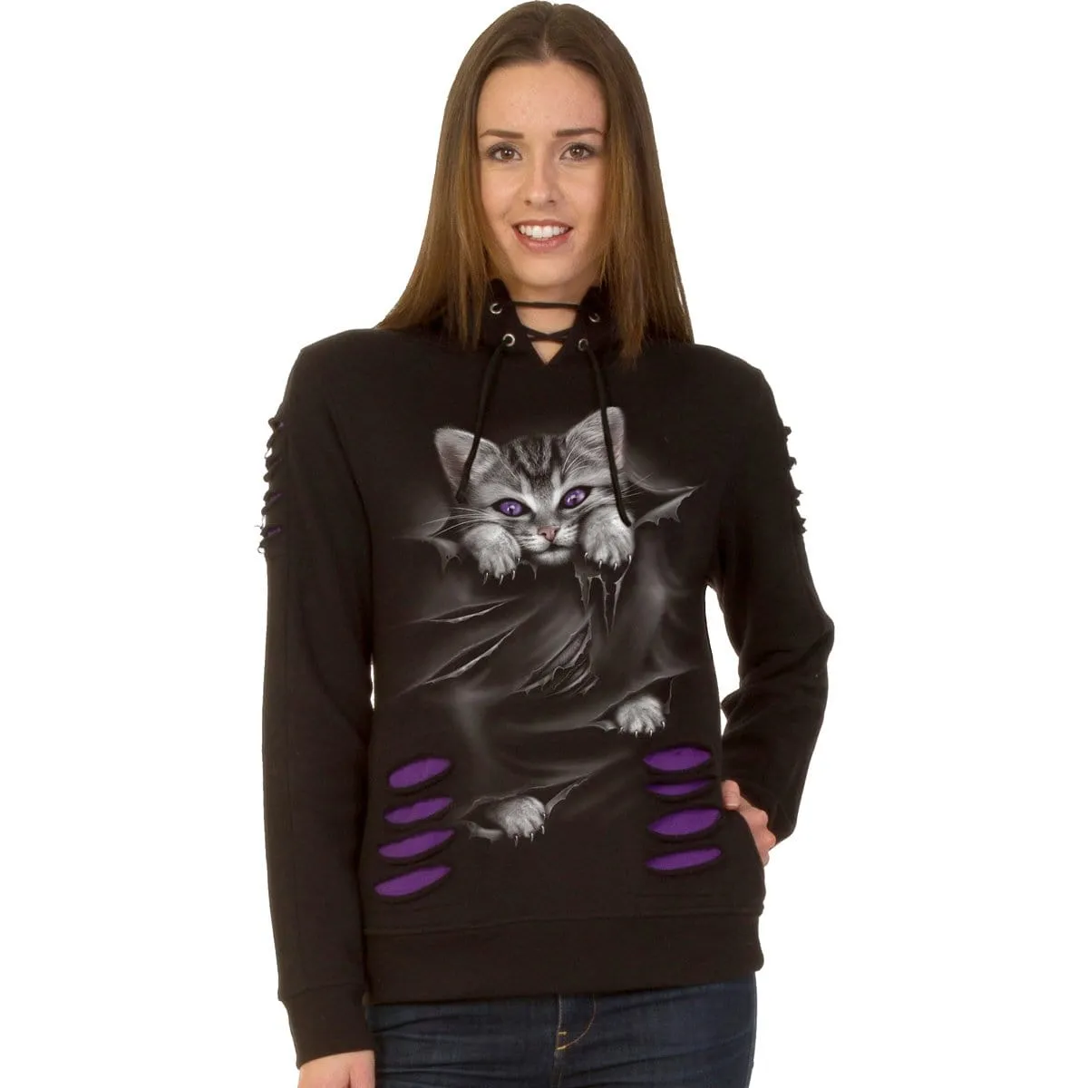BRIGHT EYES - Large Hood Ripped Hoody Purple-Black sold by Spiral Direct product image thumbnail 3