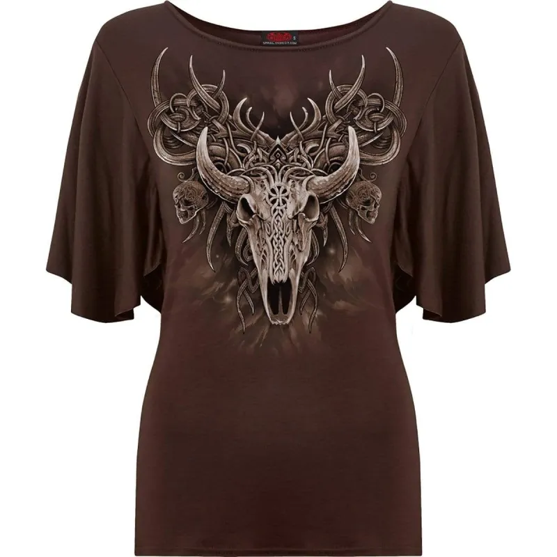 HORNED SPIRIT - Boat Neck Bat Sleeve Top Chocolate sold by Spiral Direct
