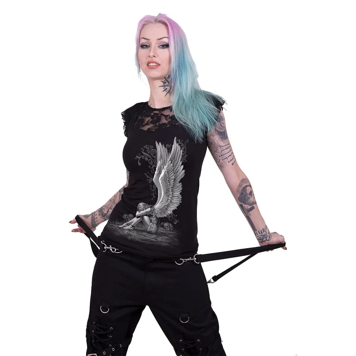 ENSLAVED ANGEL - Lace Layered Cap Sleeve Top Black sold by Spiral Direct product image thumbnail 2