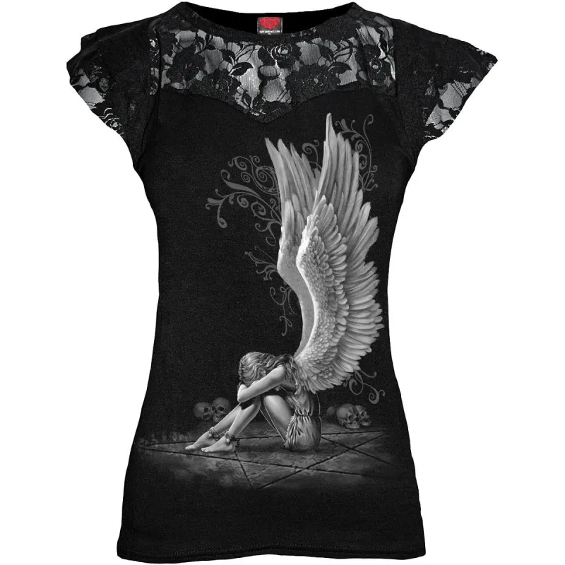 ENSLAVED ANGEL - Lace Layered Cap Sleeve Top Black sold by Spiral Direct