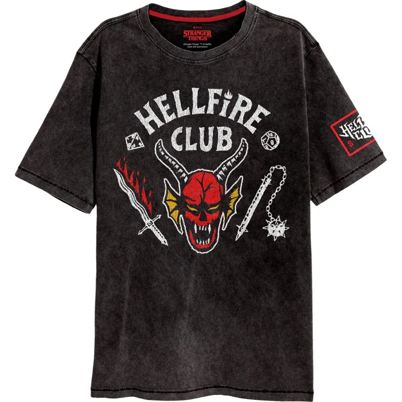 STRANGER THINGS 4 - HELLFIRE CLUB CREST - Acid Wash T-Shirt sold by Spiral Direct