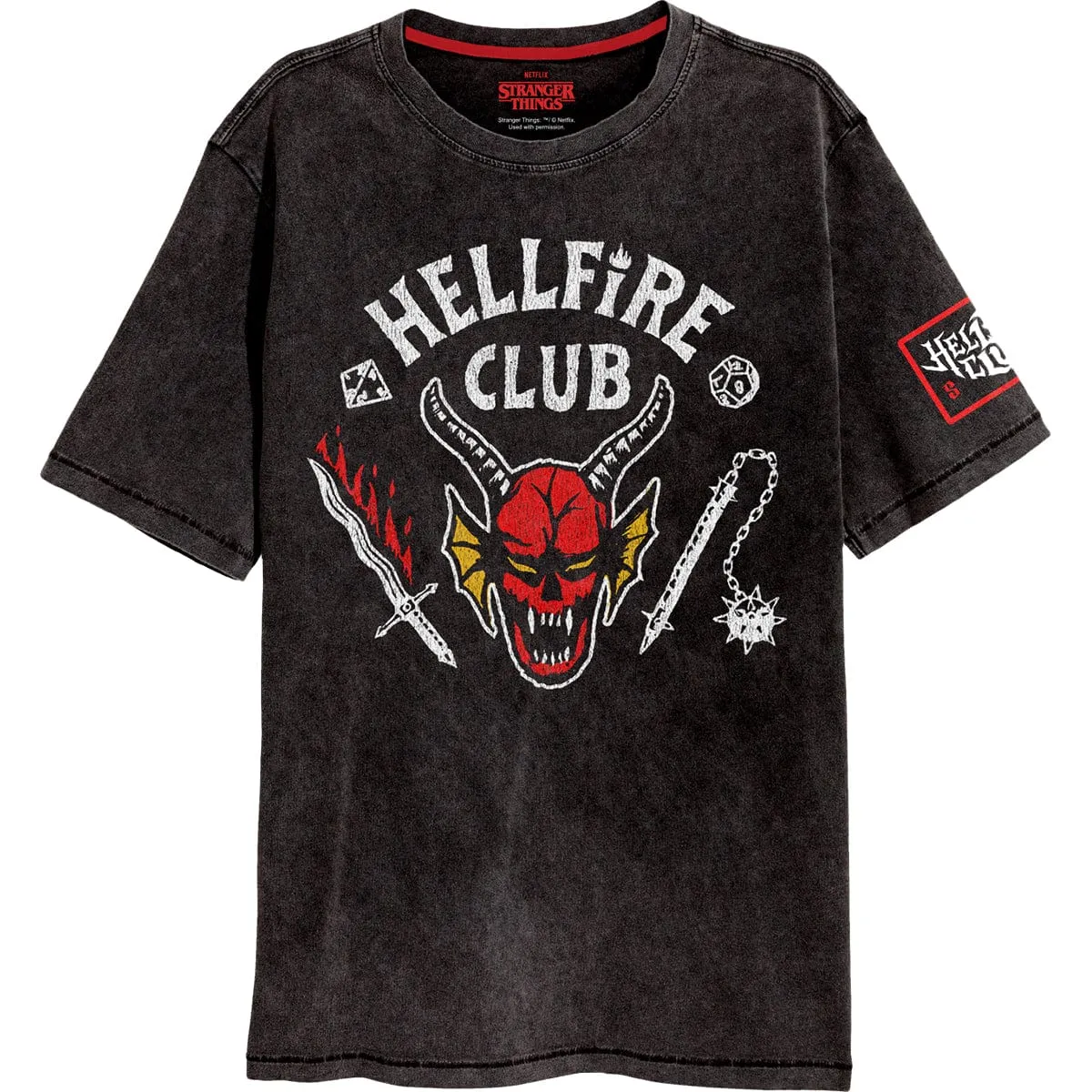 STRANGER THINGS 4 - HELLFIRE CLUB CREST - Acid Wash T-Shirt sold by Spiral Direct