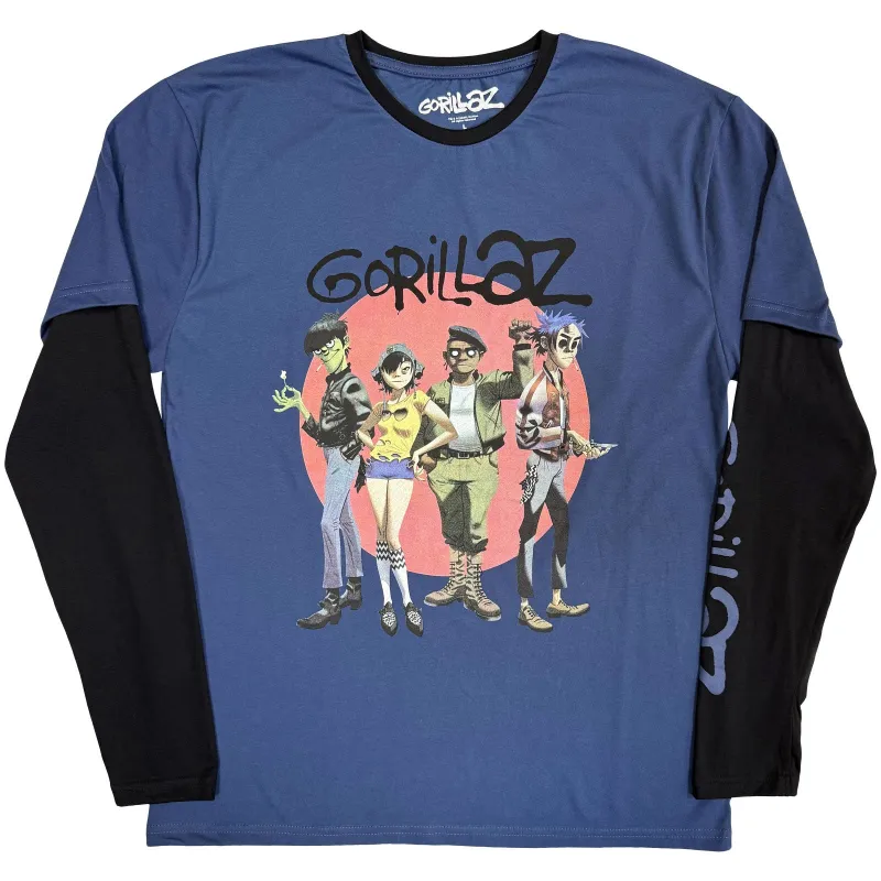 GORILLAZ - GROUP CIRCLE RISE - Layered Long Sleeve T-Shirt Black,Blue (Sleeve Print) made by Spiral Direct