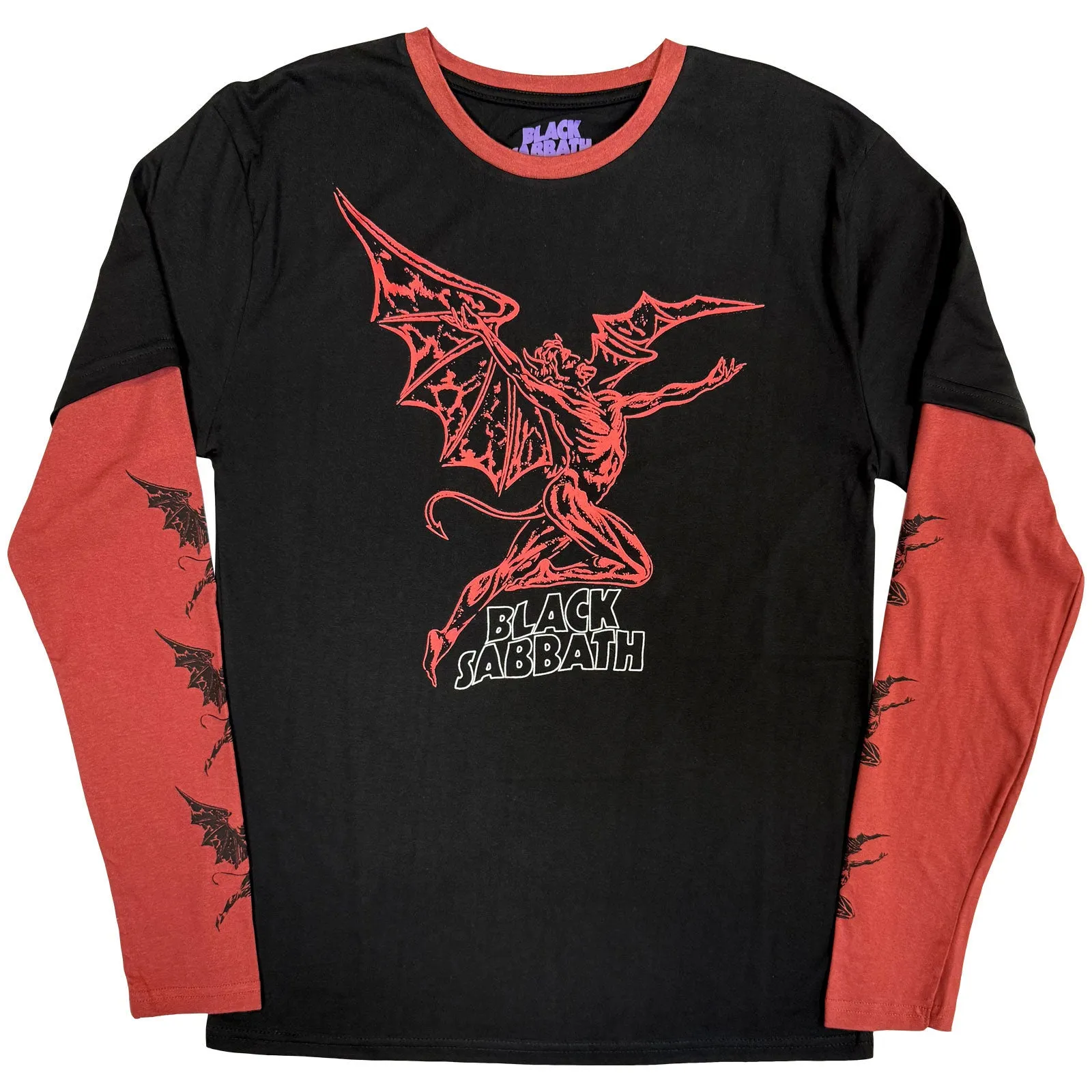 BLACK SABBATH - RED HENRY WAVY LOGO - Layered Long Sleeve T-Shirt Black, Red (Sleeve Print) sold by Spiral Direct