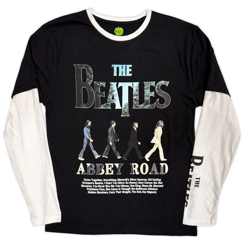 THE BEATLES - ABBEY ROAD INFILL - Layered Long Sleeve T-Shirt Black, White (Sleeve Print) made by Spiral Direct