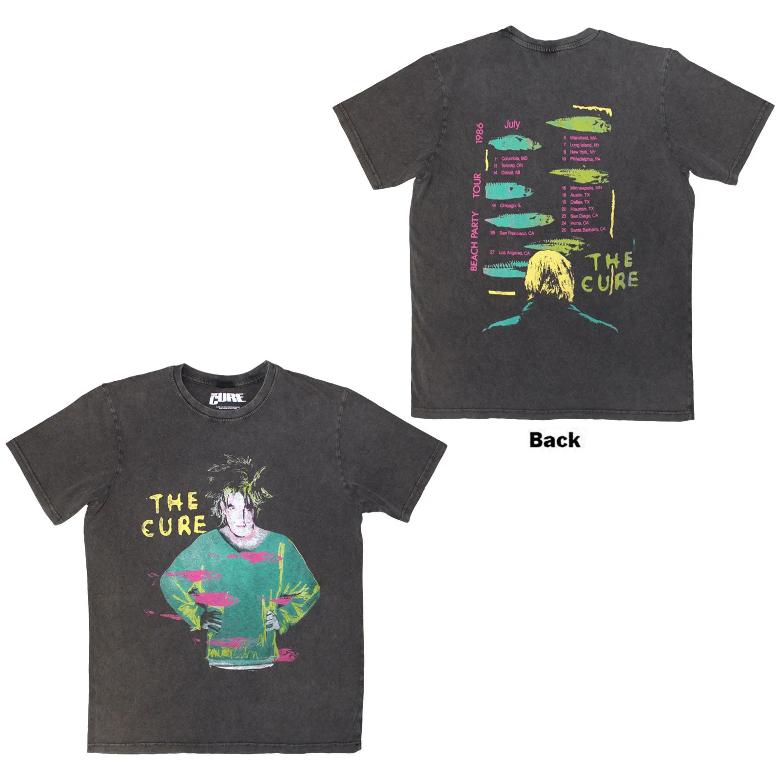 THE CURE - BEACH PARTY TOUR '86 - Stone Wash T-Shirt Grey (Back Print) sold by Spiral Direct