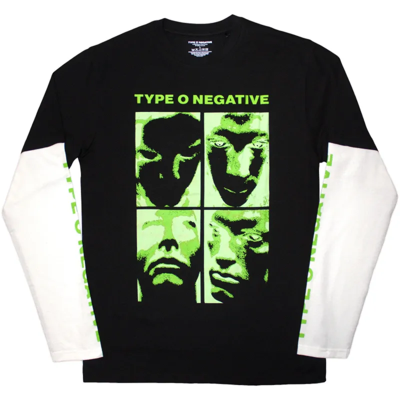 TYPE O NEGATIVE - FACES - Layered Long Sleeve T-Shirt Black, White (Sleeve Print) sold by Spiral Direct