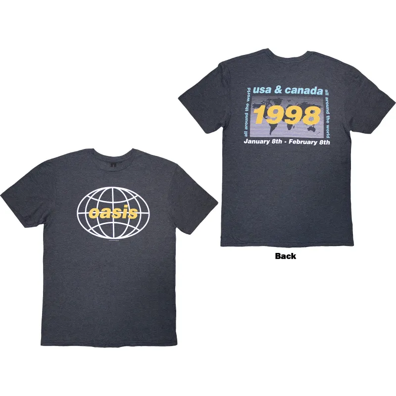 OASIS - 1998 WORLD TOUR - USA/CANADA - T-Shirt Blue (Back Print) made by Spiral Direct