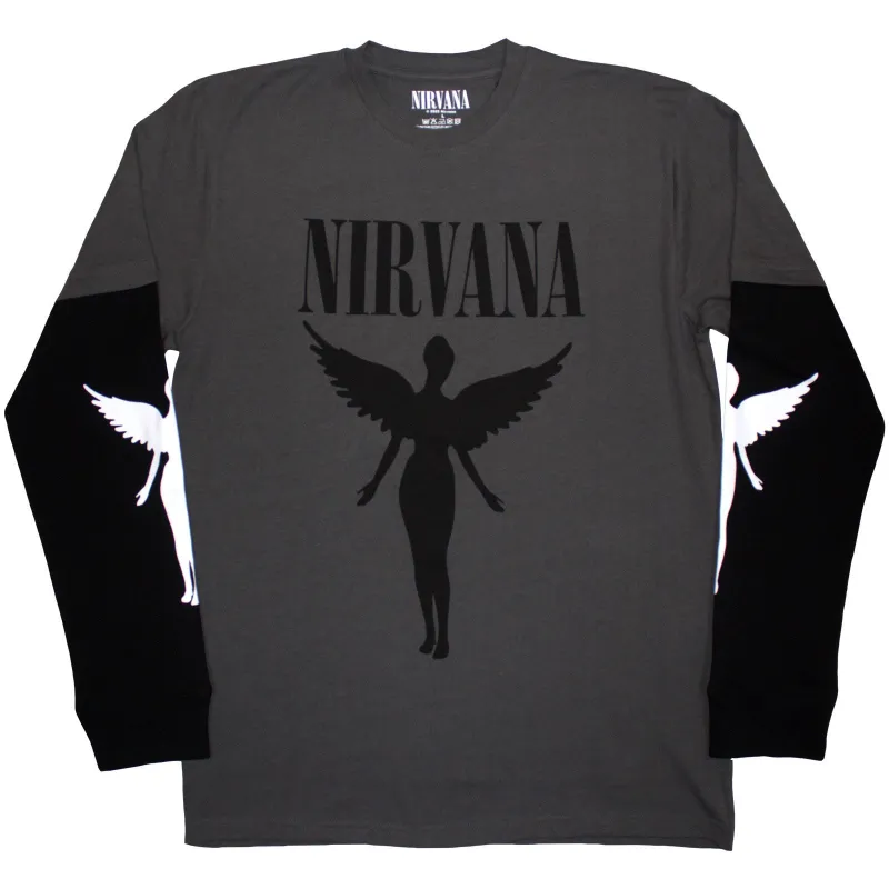 NIRVANA - IN UTERO MONO - Layered Long Sleeve T-Shirt Black, Grey (Sleeve Print) made by Spiral Direct
