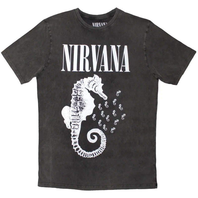 NIRVANA - SEAHORSE & LOGO MONO - Stone Wash T-Shirt Grey sold by Spiral Direct