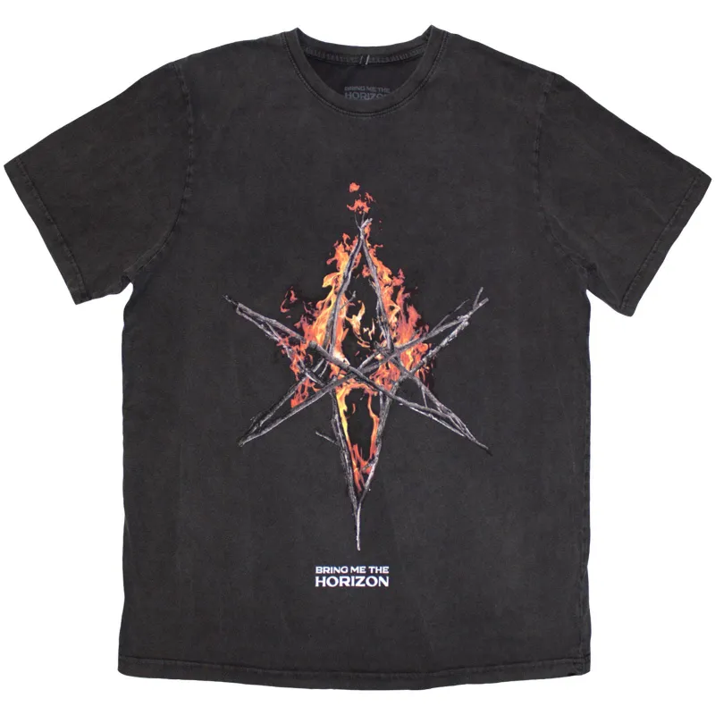 BRING ME THE HORIZON - FLAME HEX & TEXT LOGO - T-Shirt Grey (Wash Collection) made by Spiral Direct