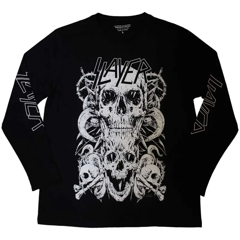 SLAYER - WHITE SKULLS - Long Sleeve T-Shirt Black (Sleeve Print) made by Spiral Direct
