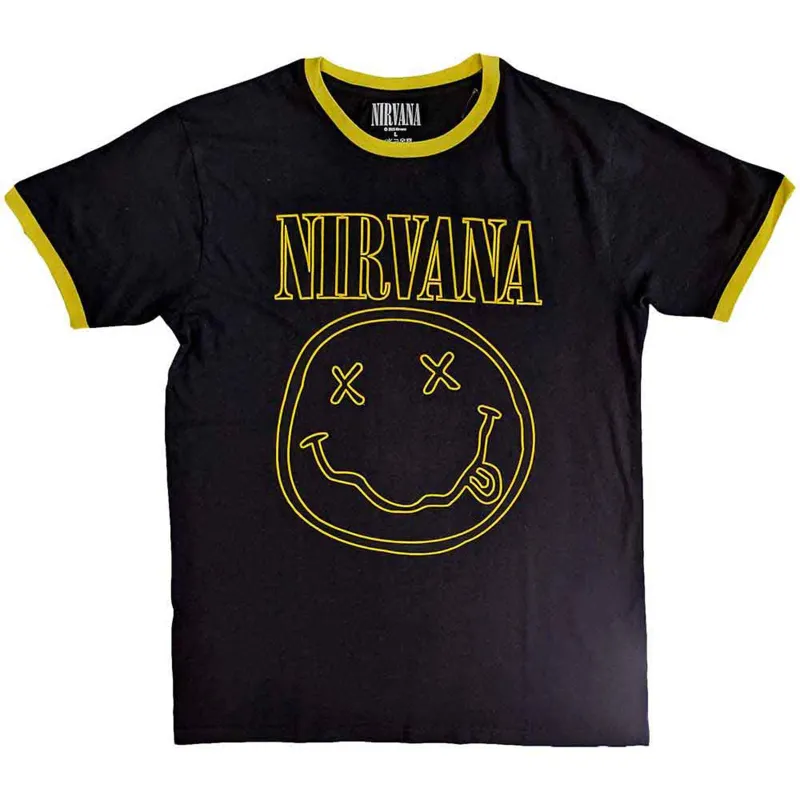 NIRVANA - OUTLINE HAPPY FACE - Ringer T-Shirt Black sold by Spiral Direct