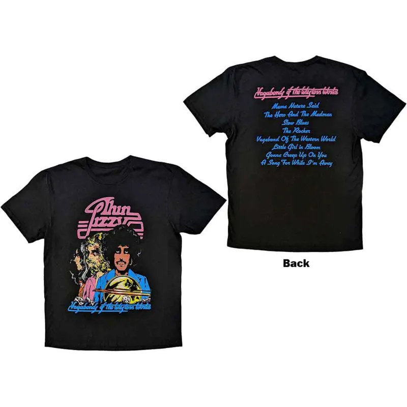 THIN LIZZY - VAGABONDS OF THE WESTERN WORLD TRACKLIST - T-Shirt Black (Back Print) made by Spiral Direct