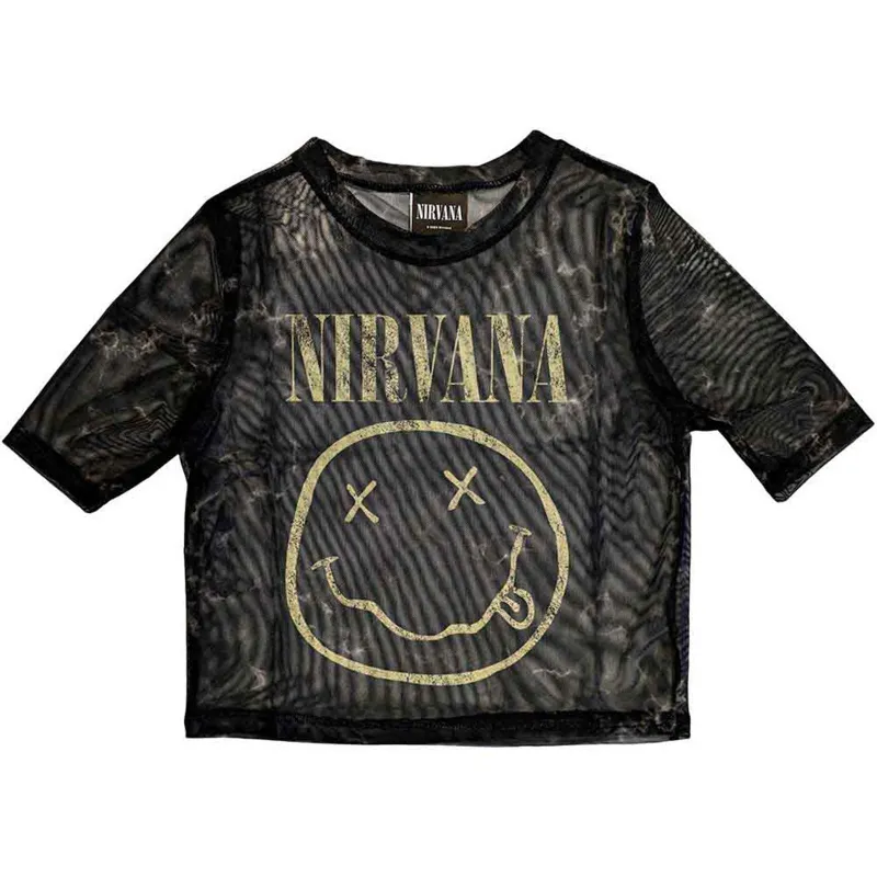 NIRVANA - YELLOW HAPPY FACE - Crop Top Black (Mesh) made by Spiral Direct