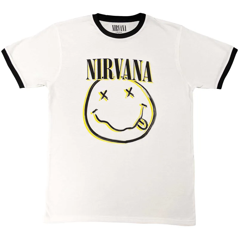 NIRVANA - DOUBLE HAPPY FACE - Ringer T-Shirt White sold by Spiral Direct
