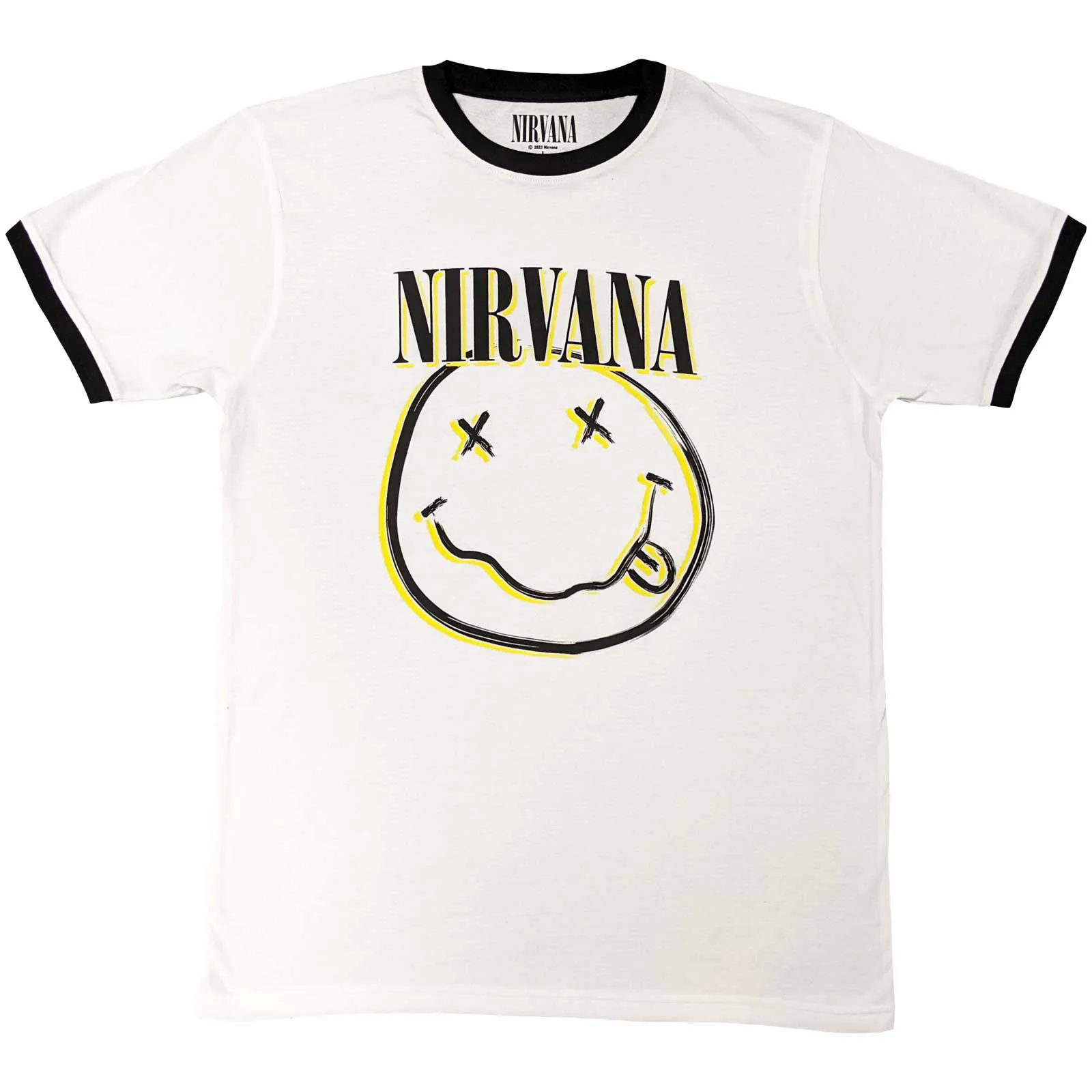 NIRVANA - DOUBLE HAPPY FACE - Ringer T-Shirt White sold by Spiral Direct