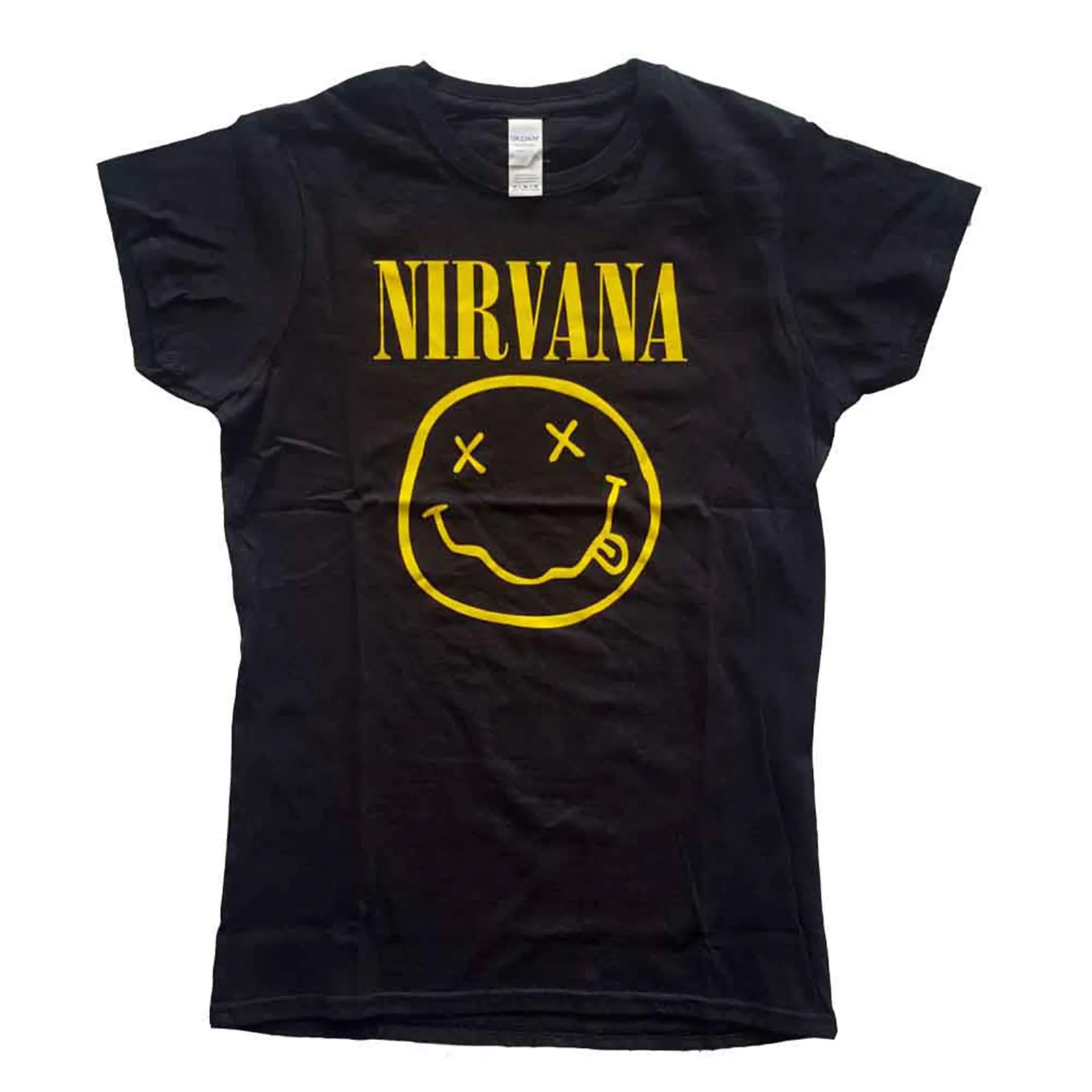 NIRVANA - YELLOW HAPPY FACE - Ladies T-Shirt Black sold by Spiral Direct