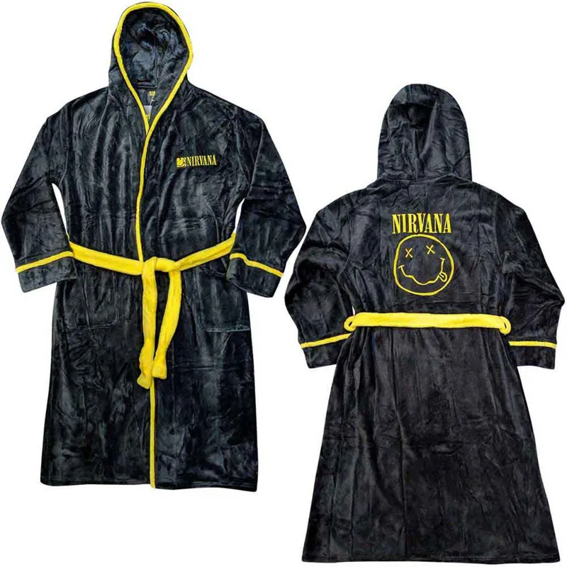 NIRVANA - YELLOW HAPPY FACE - Bathrobe Black (Back Print) made by Spiral Direct