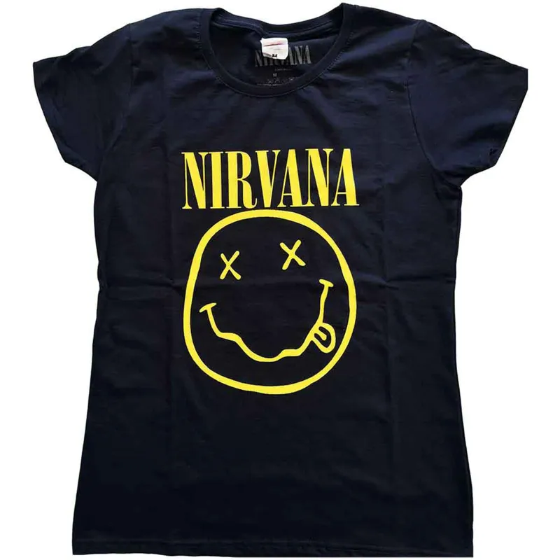 NIRVANA - YELLOW HAPPY FACE - Ladies T-Shirt Blue sold by Spiral Direct