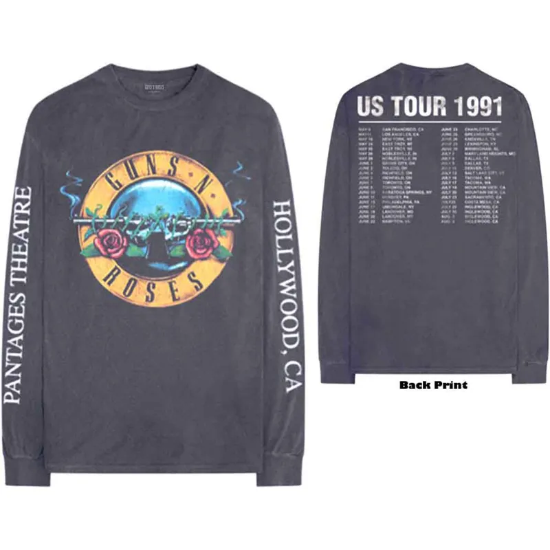 GUNS N ROSES - HOLLYWOOD TOUR - Long Sleeve T-Shirt Grey (Back & Sleeve Print) made by Spiral Direct