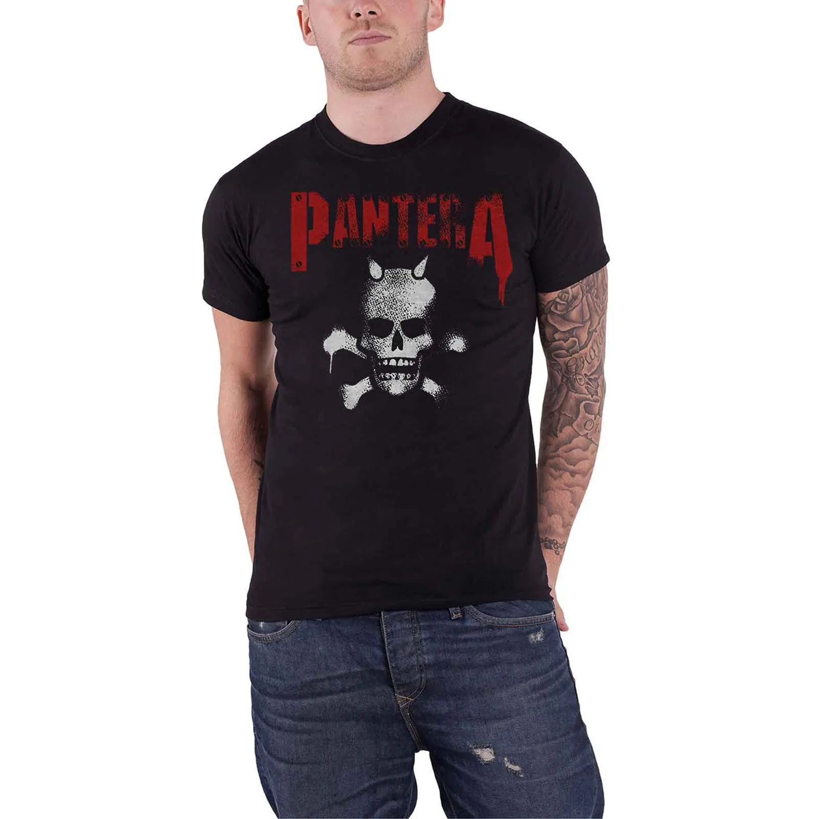 PANTERA - HORNED SKULL STENCIL - T-Shirt Black (Back Print) sold by Spiral Direct product image thumbnail 3