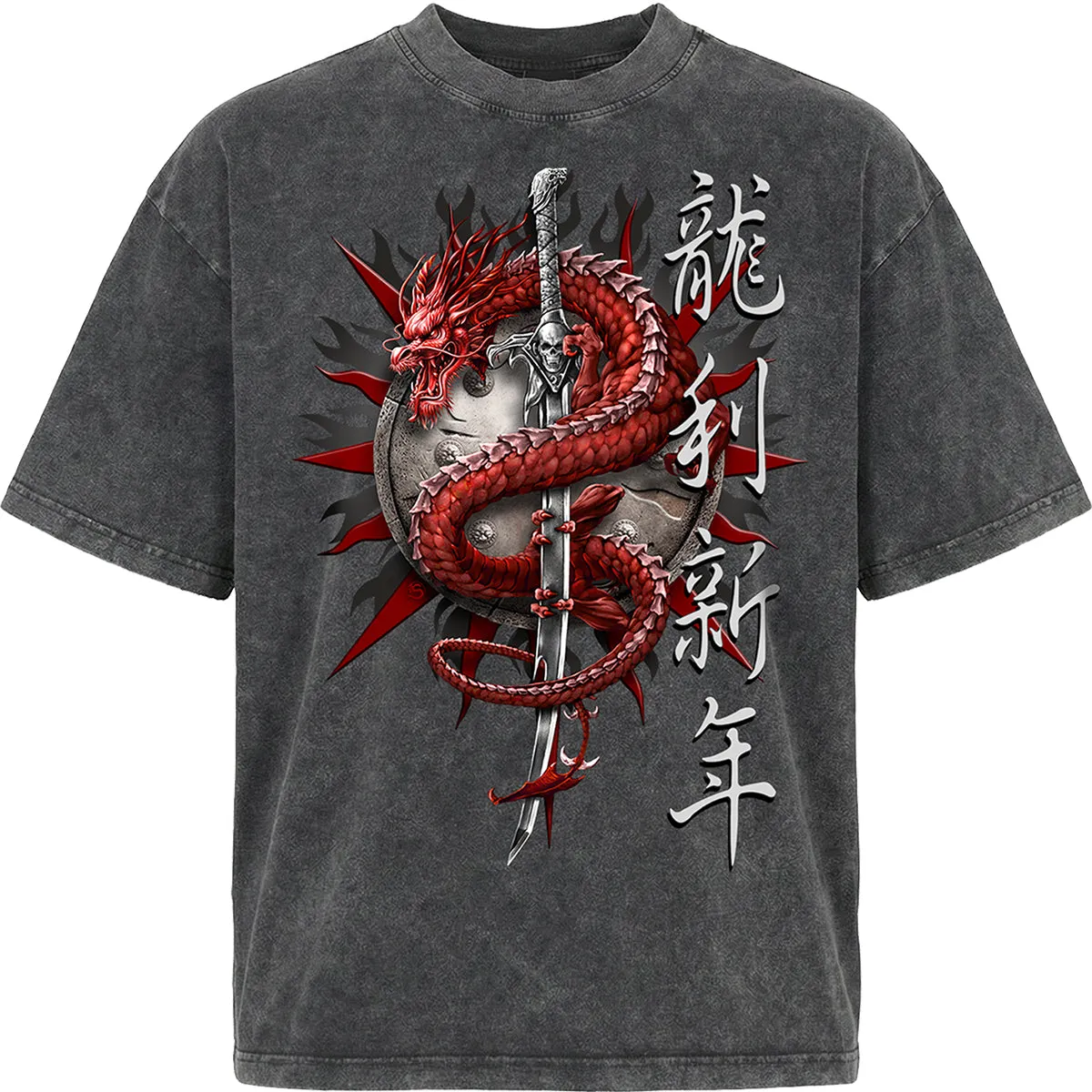 ORIENTAL DRAGON - Box T-Shirt Acid Wash Charcoal sold by Spiral Direct