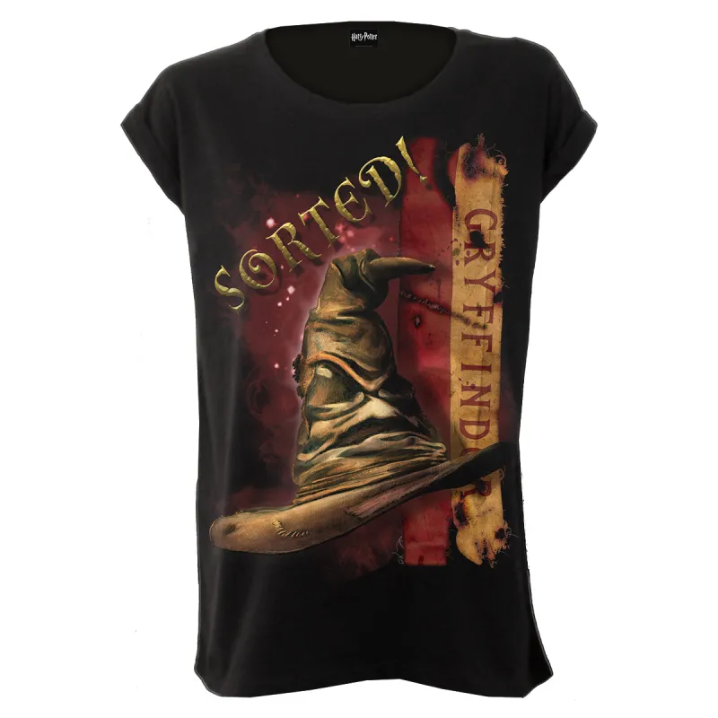 HARRY POTTER - GRYFFINDOR HAT - Boatneck Cap Sleeve Top Black made by Spiral Direct