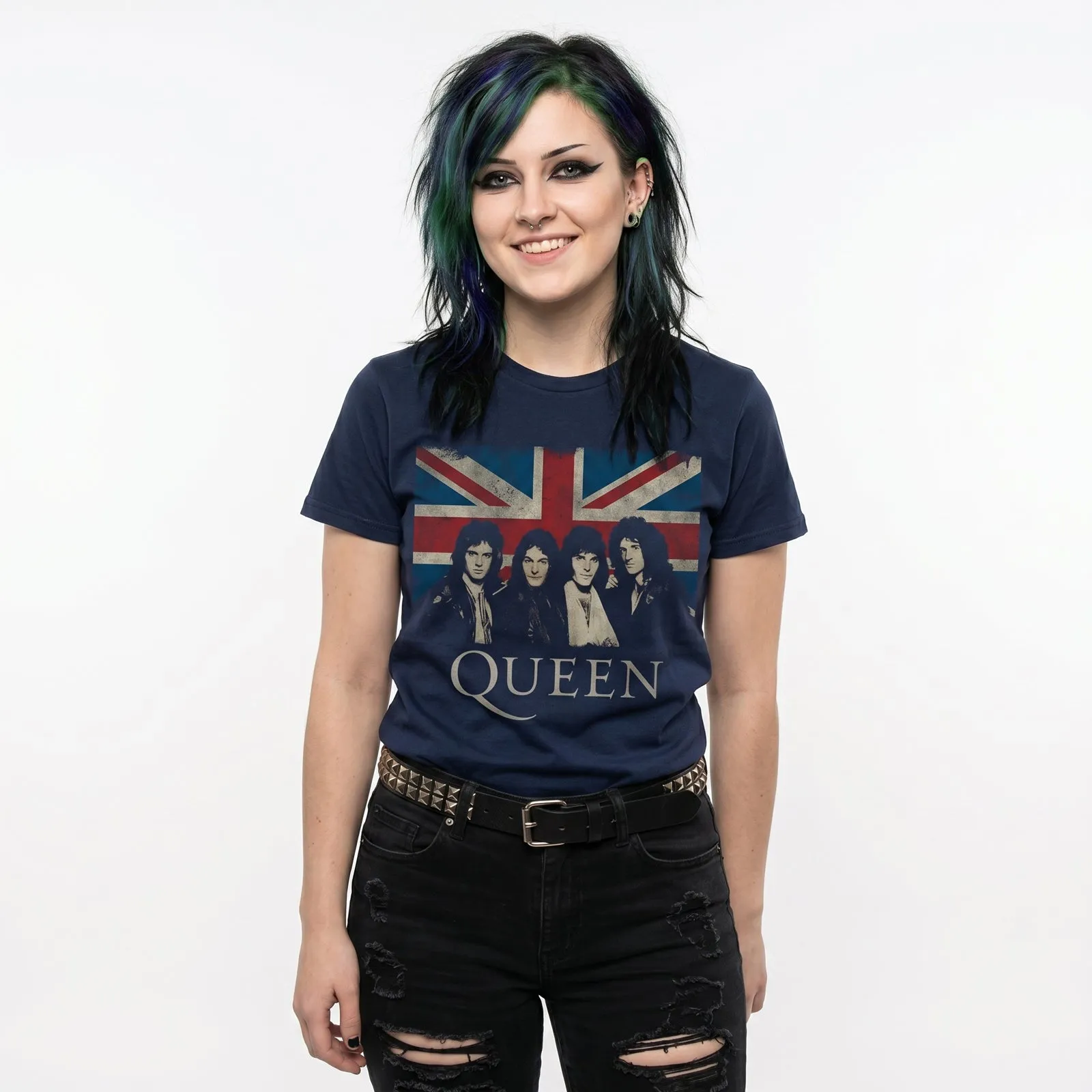 QUEEN - VINTAGE UNION JACK - Ladies T-Shirt Blue sold by Spiral Direct product image thumbnail 2