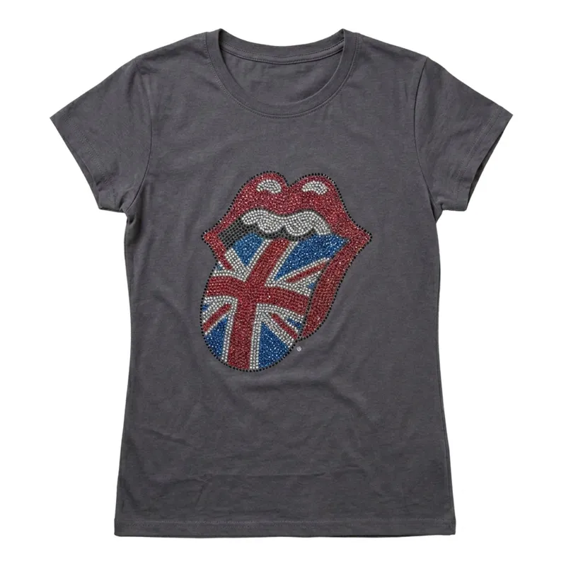 THE ROLLING STONES - CLASSIC UK TONGUE - Ladies T-Shirt Grey (Embellished) made by Spiral Direct