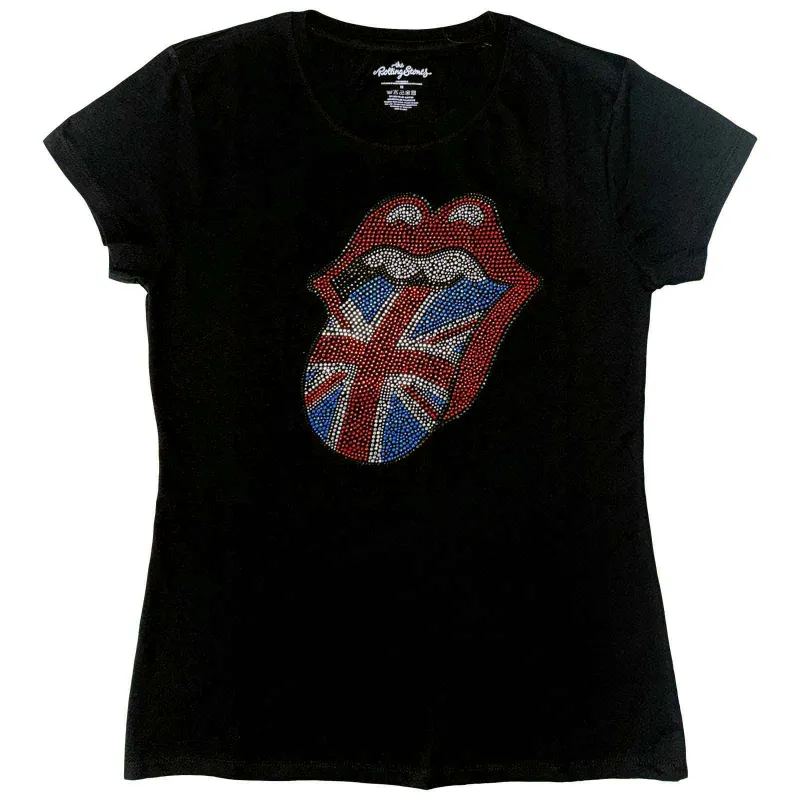 THE ROLLING STONES - CLASSIC UK - Ladies T-Shirt Black (Embellished) made by Spiral Direct