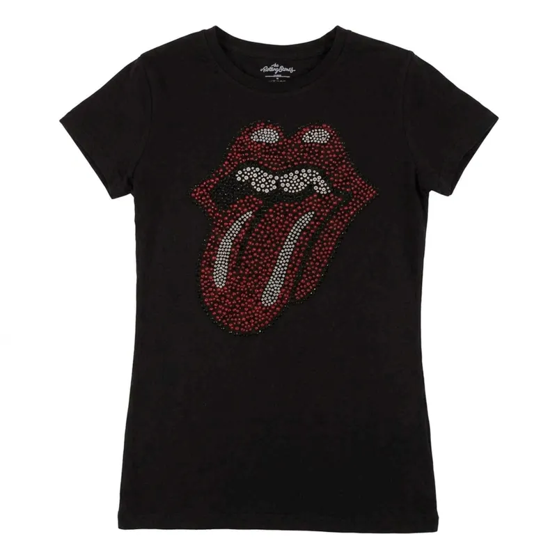 THE ROLLING STONES - CLASSIC TONGUE - Ladies T-Shirt Black (Embellished) made by Spiral Direct