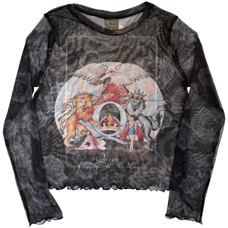 QUEEN - A DAY AT THE RACES - Ladies Long Sleeve Crop Top Black made by Spiral Direct