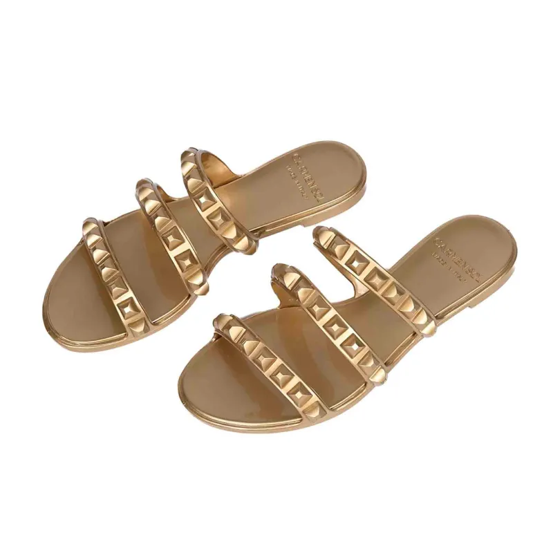 Maria 3 Strap Flat Jelly Sandals - Metallic Jelly sold by Carmen Sol