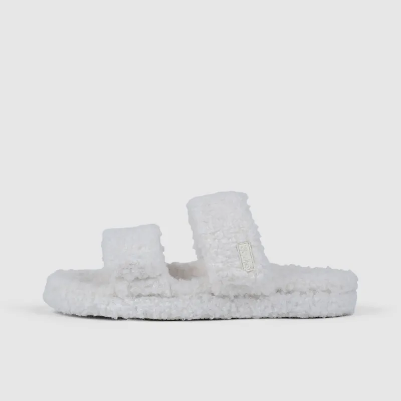 White Two Strap Sherpa Slide sold by The Oodie