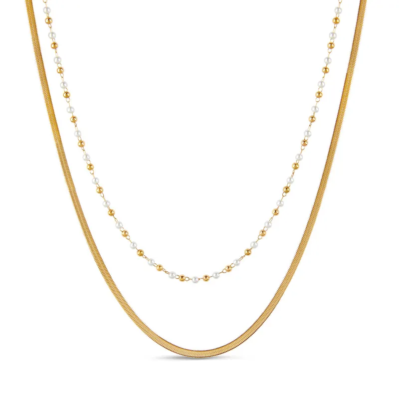 Contrast Pearl Layered Snake Chain Necklace - Gold made by Pusca