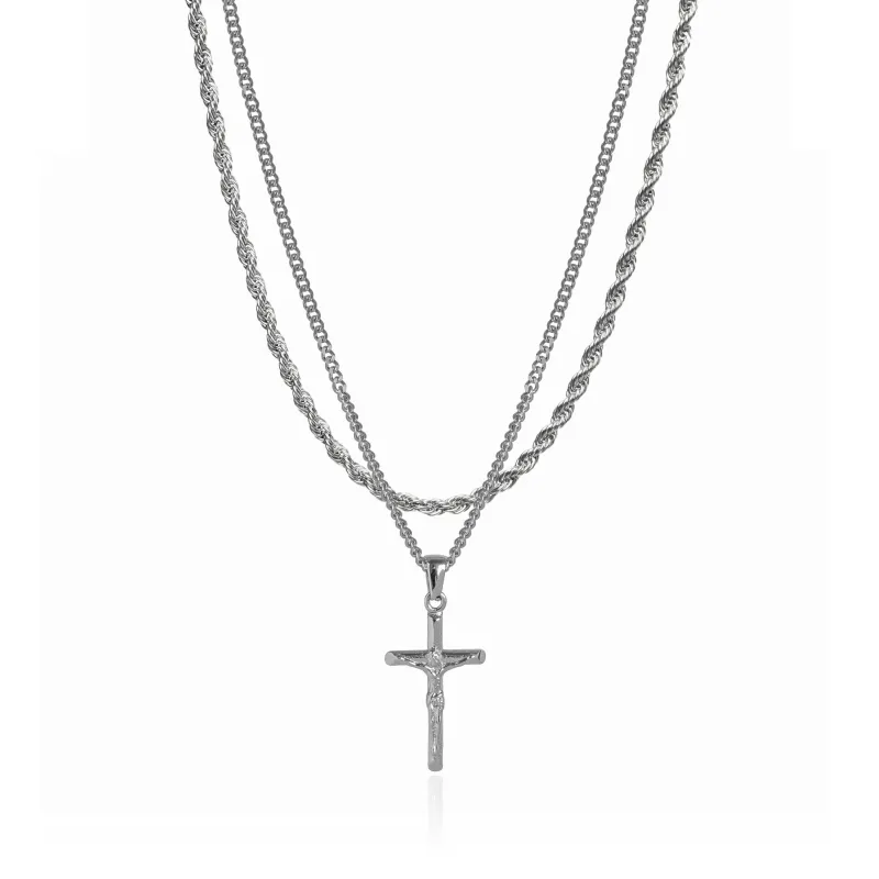 Cross Pendant Necklace X Rope Chain Full Set - Silver made by Pusca