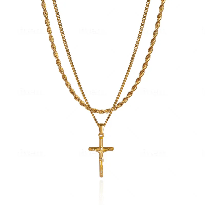 Cross Pendant Necklace X Rope Chain Full Set - Gold made by Pusca