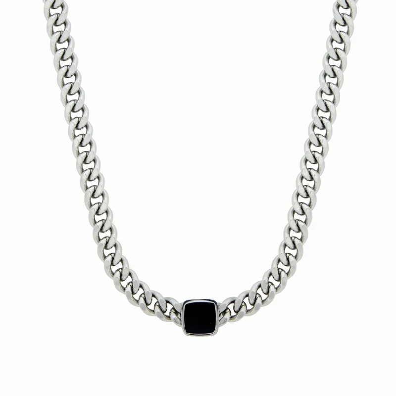 Onyx Square Pendant Cuban Chain - Silver made by Pusca