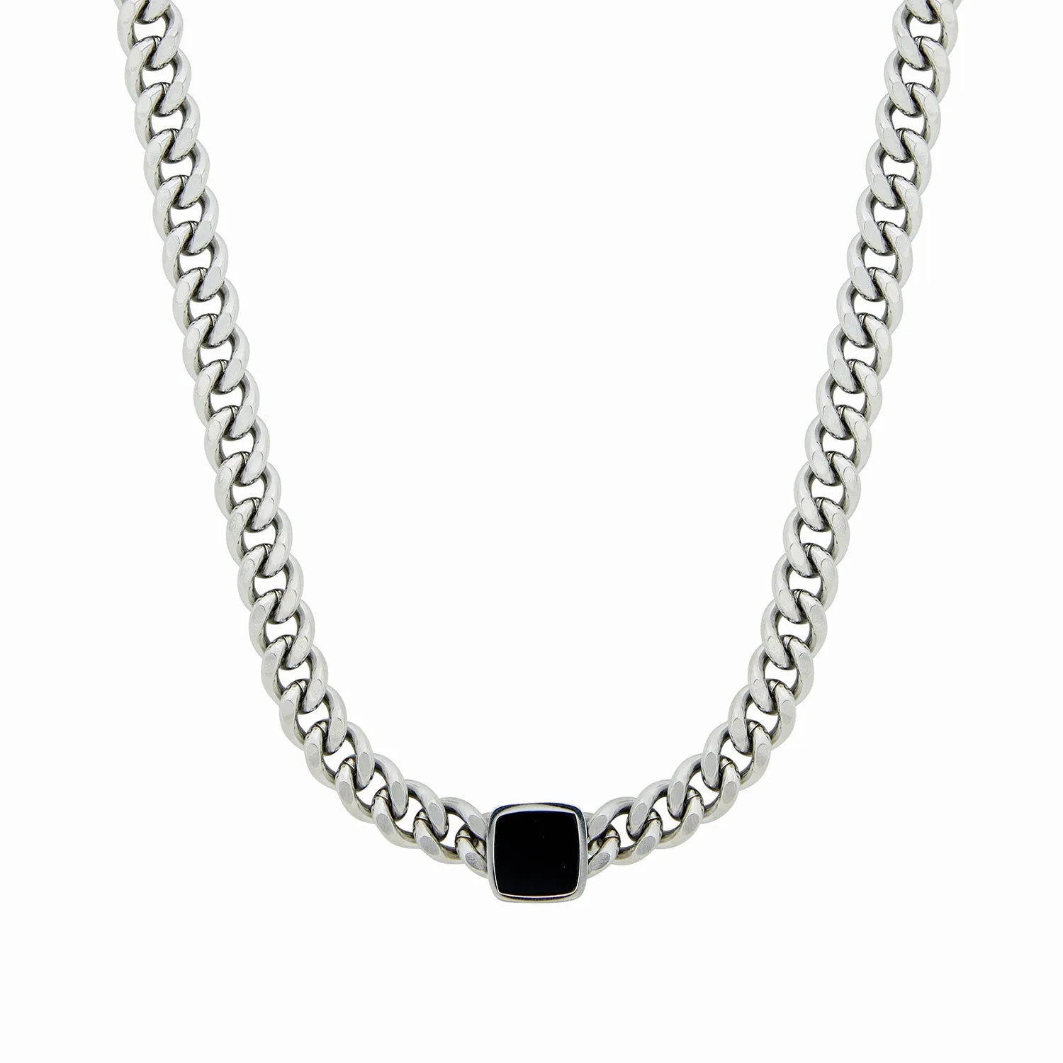 Onyx Square Pendant Cuban Chain - Silver sold by PUSCA JEWELS