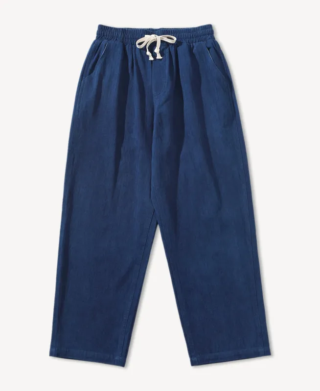 Indigo-Dye Loose Cotton Herringbone Pants sold by Time Catcher