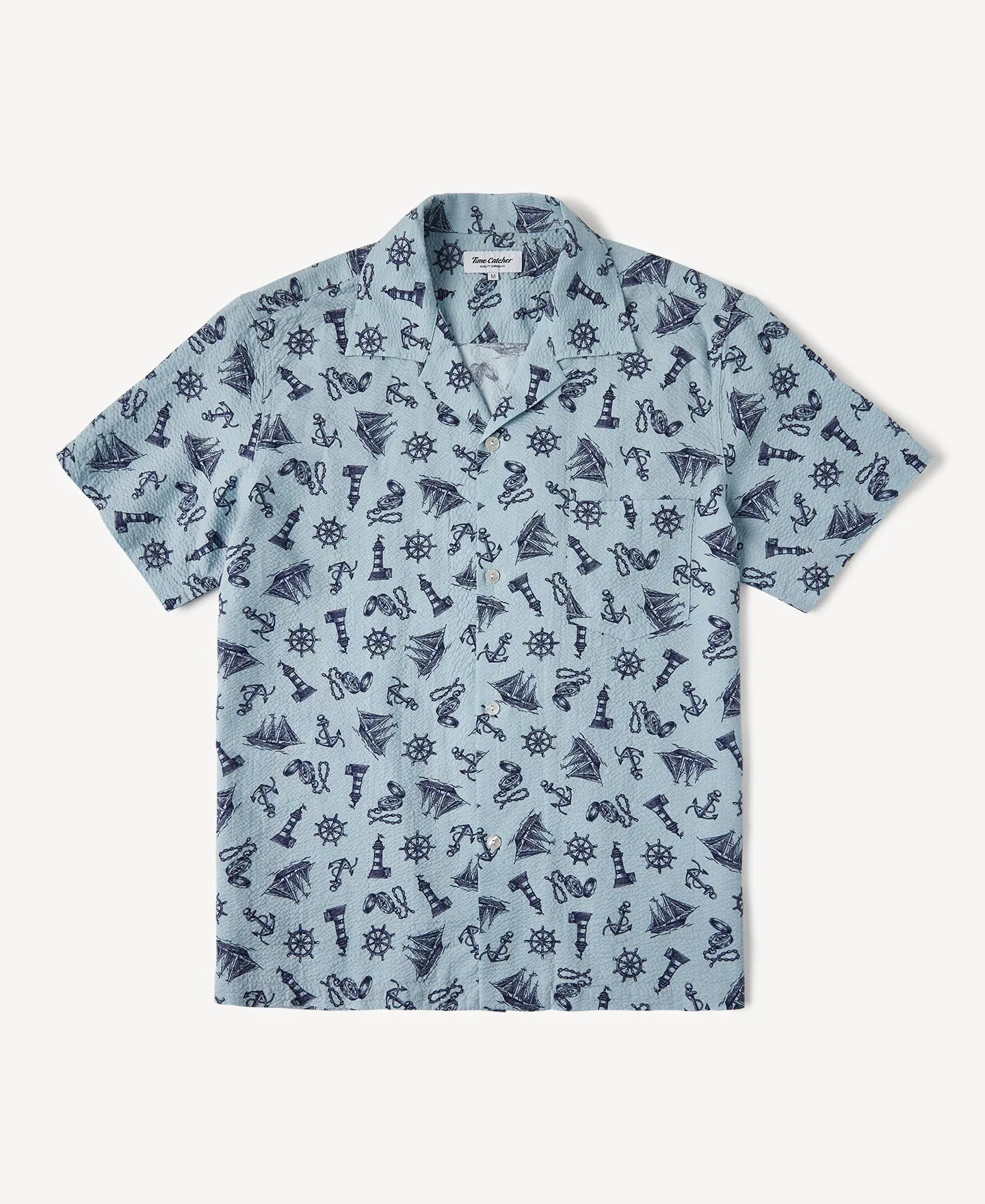 Nautical Printed Seersucker Short Sleeve Camp Shirt sold by Time Catcher