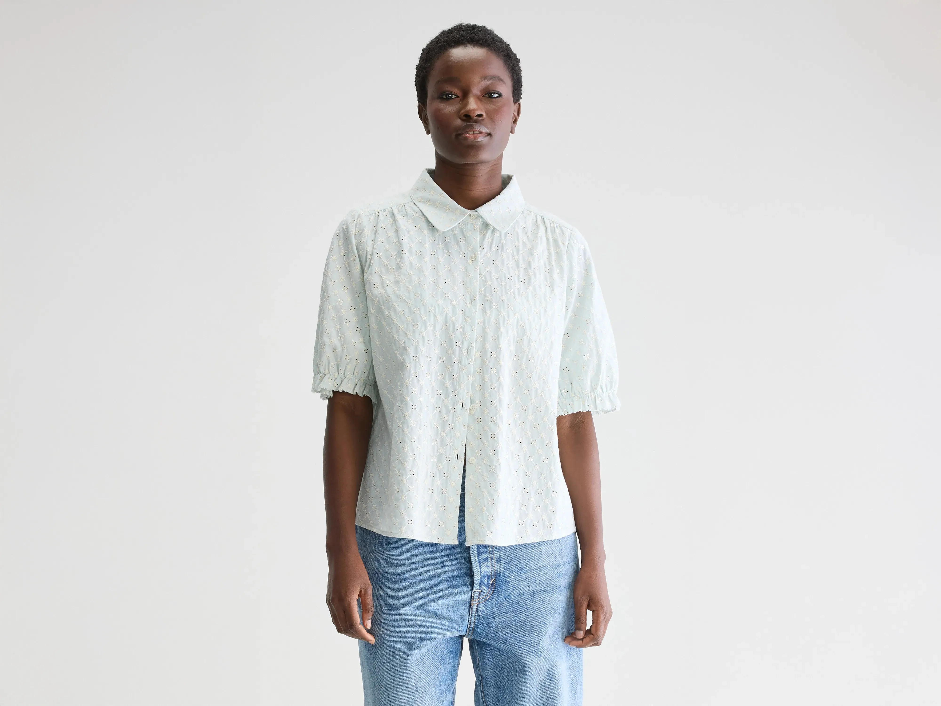 Hosanna short-sleeve blouse (251 / W / STONE BLUE) sold by Bellrose