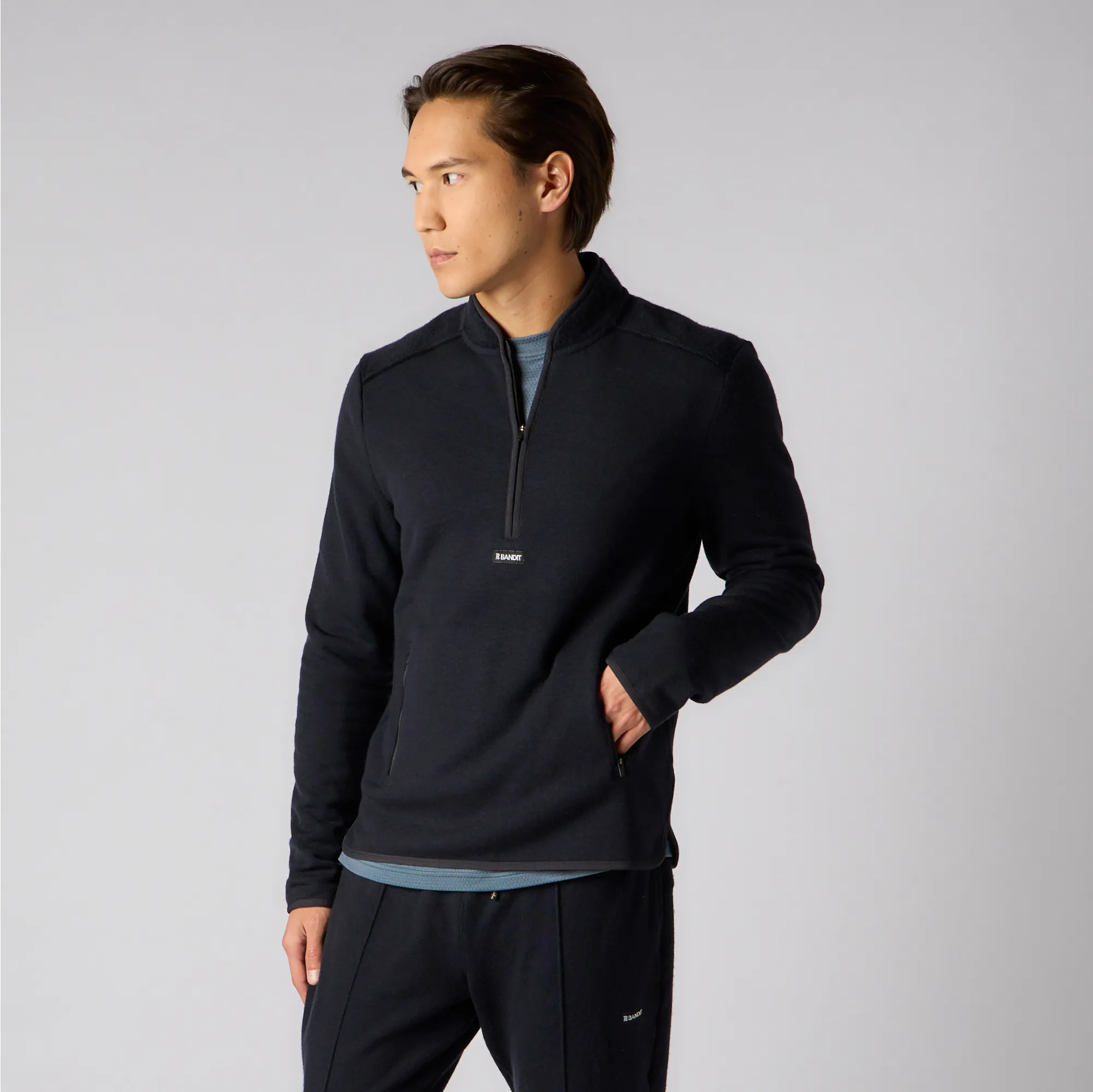 Wool Terry Quarter Zip Pullover - Men's, Black sold by Bandit Running