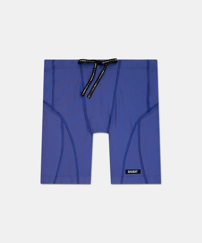 Striped Cadence™ 7 Pocket Quarter Tights - Deep Peri Blue with Rust sold by Bandit Running