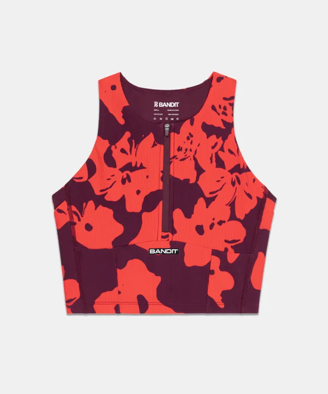 Cadence™ Zip Front Race Crop - Fleura, Fig / Intense Red sold by Bandit Running