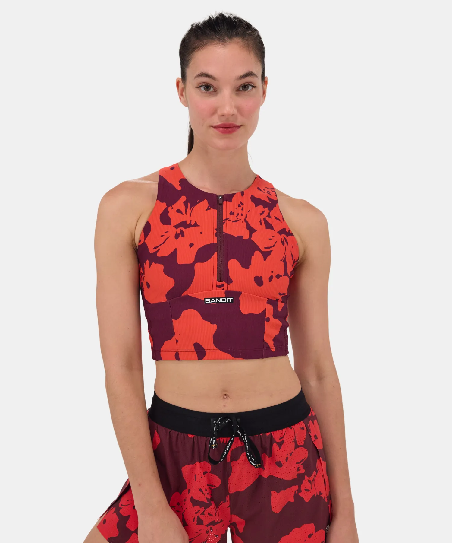 Cadence™ Zip Front Race Crop - Fleura, Fig / Intense Red sold by Bandit Running product image thumbnail 2