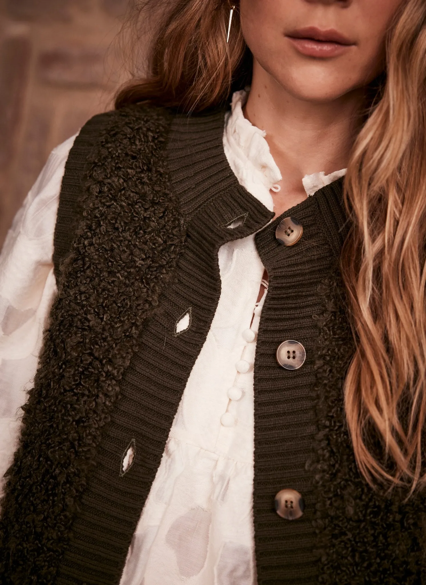 Khaki Boucle Cotton Blend Gilet sold by Mint Velvet product image thumbnail 5